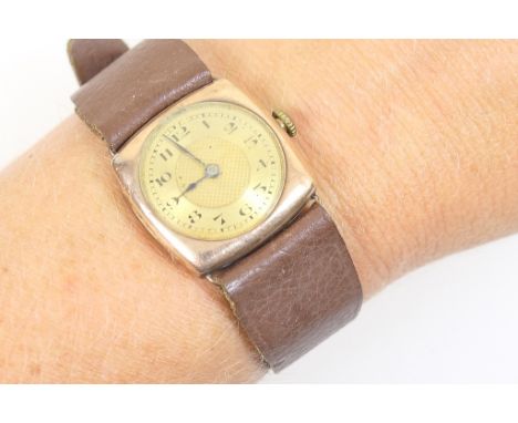 Rolex gent's 9ct gold wristwatch, import marks for London 1919, cushion shaped case, gold coloured engine turned dial with Ar