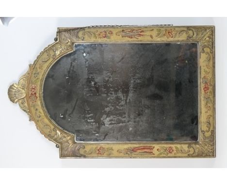 Queen Anne style silvered and gross-point tapestry bordered wall  mirror, arched form surmounted with a shell crest, the fabr