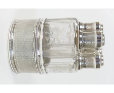 French silver and engraved glass scent bottle set, late 19th Century, the four triform section clear glass bottles each engra