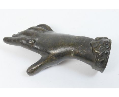 Victorian bronzed cast iron figure of a hand, probably part of a desk tidy, 12cm