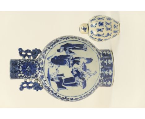 Chinese blue and white moon flask, late 19th Century, decorated with figures, 22cm; also a modern Chinese miniature One Hundr