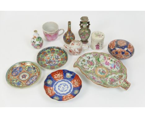 Number of Oriental miniature porcelains including a Canton famille rose leaf shaped dish, 18.5cm; Chinese famille rose small 