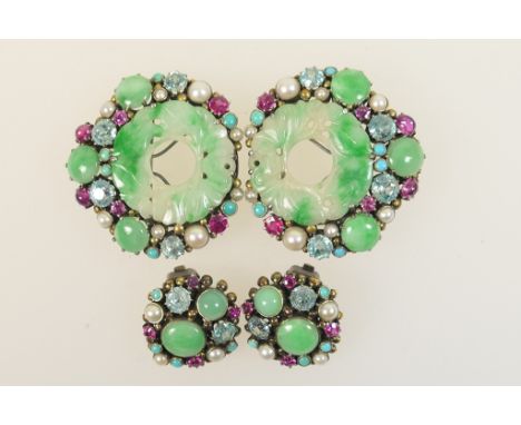 Pair of Arts and Crafts jade and gem set clip brooches and matching earrings, attributed to Dorie Nossiter (1893-1977), the c