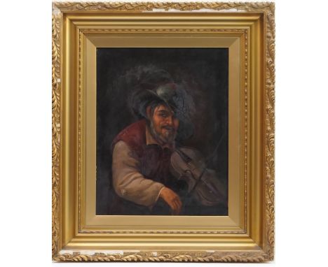Manner of Franz Hals, Portrait of an itinerant fiddle player, oil on panel, bears a signature, 51cm x 40cm