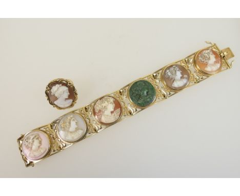 Italian cameo bracelet, mounted with six similarly carved portrait cameos featuring profiles of a young woman in differing ma