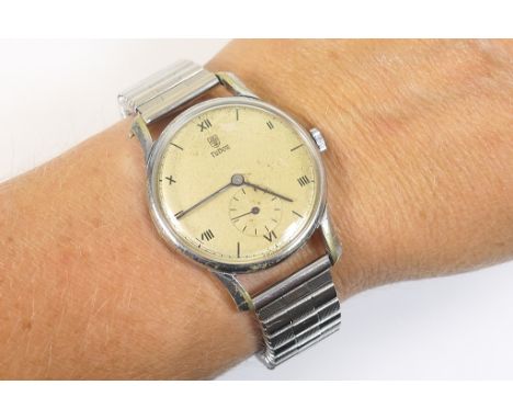 Tudor chrome plated and stainless steel gent's wristwatch, circa 1955, discoloured 28mm dial with baton and Roman numerals, s
