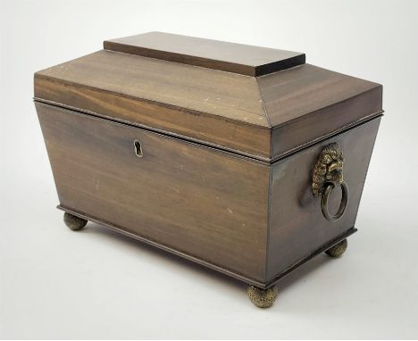 A 19th century Anglo-Indian coromandel sarcophagus shaped tea caddy of tapering oblong form with ornate brass spherical feet 