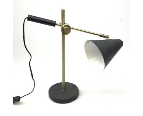 Brass and black finish adjustable desk lamp with cone shaped shade,  on circular base, H72cm max - Condition Report 