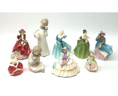 A group of seven Royal Doulton figurines, comprising Celeste HN2237, Day Dreams HN1731, Fleur HN2368, Top o' the Hill HN1834,