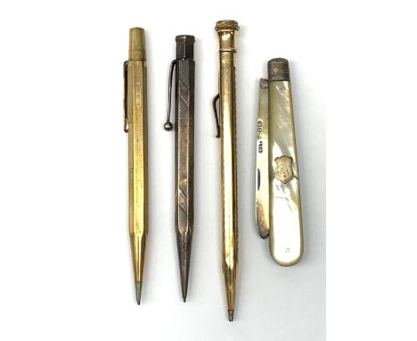 Mother-of-pearl and silver fruit knife, Birmingham 1916, Yard-o-Led propelling pencil, another rolled gold example and Wahl E