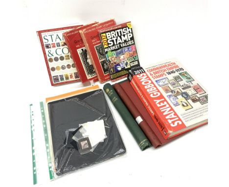 Stamp reference books including 'Commonwealth &amp; British Stamps 1840-1970' 2001, various stock cards, two empty stamp fold