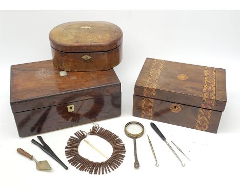 A 19th century flame mahogany writing slope, with inset mother of pearl cartouche to hinged cover and escutcheon, L35cm, toge