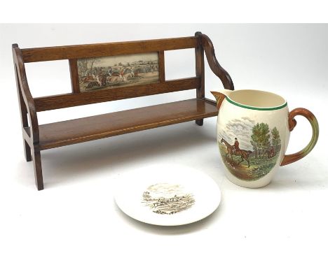 An Edwardian oak book trough with inset printed panel depicting a horse racing scene, L42.5cm, together with a Copeland Spode