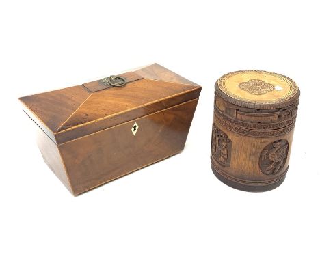 19th century mahogany sarcophagus form tea caddy, L29cm and a Chinese cared bamboo brush pot and cover H19cm  - Condition Rep