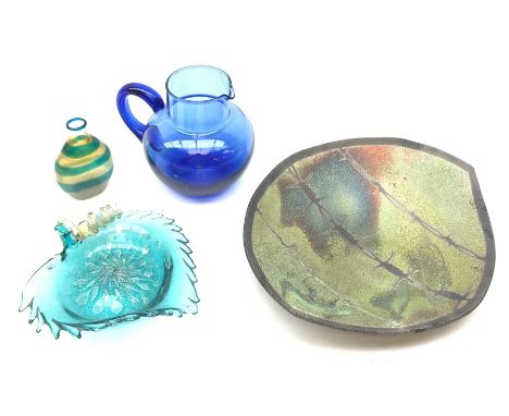 A Venetian blue glass bowl modelled in the form of a vine leaf, L18cm, together with a small glass flask with blue banded dec