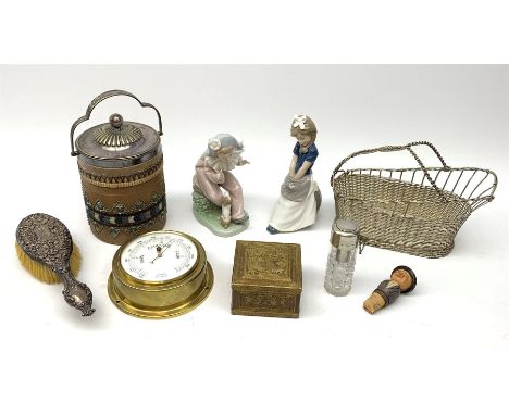 19th century Doulton Lambeth Silicon ware biscuit barrel, two Nao figures, Victorian silver backed brush, bulkhead barometer 