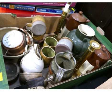 Box of stoneware and Studio Pottery, copper Timemaster alarm clock, pair of brass candlesticks etc