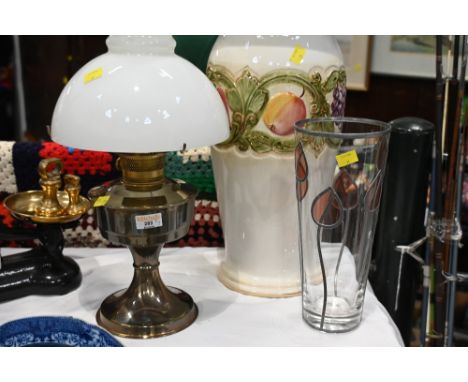 Vintage brass oil lamp, fruit patterned ceramic vase and leaded glass vase