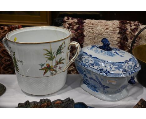 Victorian ironstone blue and white tureen and two handled pot (both AF)