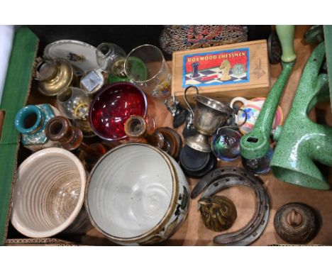 Box of Studio Pottery vases, green cast metal mincer, horseshoes, wooden candlesticks, glassware, miniature oil burners etc 