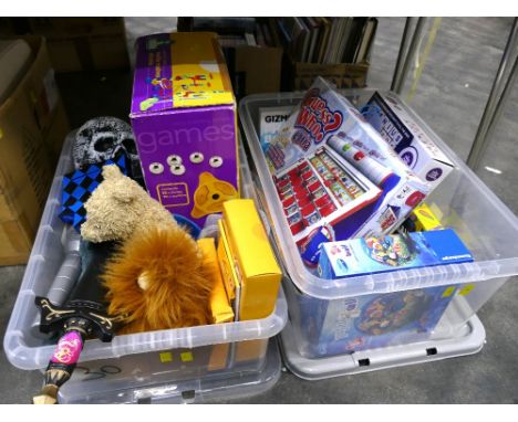 Two boxes of children's games, toys, soft toys, swords, Guess Who etc 