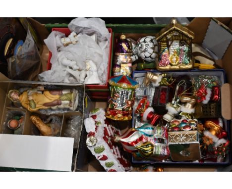 Box of vintage Christmas decorations and Nativity scenes  