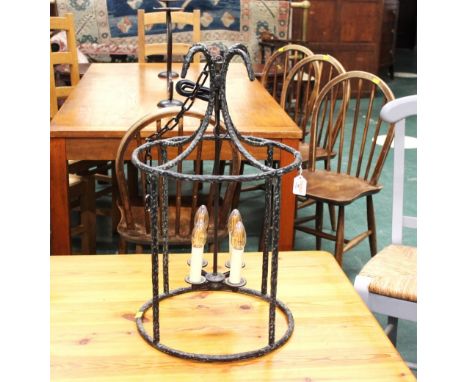 Cast metal ceiling hung medieval style electric light fitting, 70 cm high  