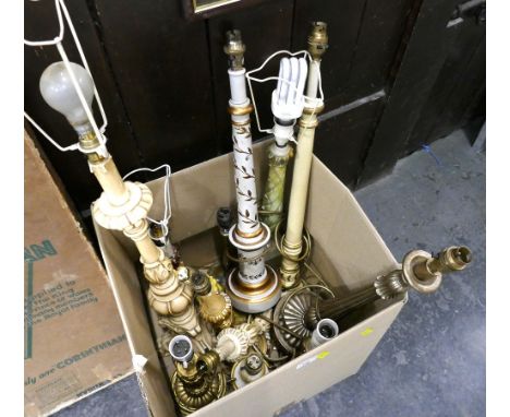 Box of vintage wooden and resin classical style lamp bases 