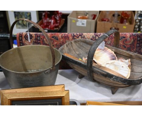 Brass jam pan, garden trug containing quantity of shells and shoehorn 