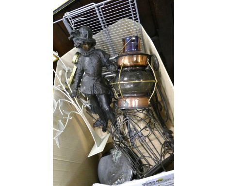 Box of metalware, Elizabethan style statue, candle holders, lantern etc 