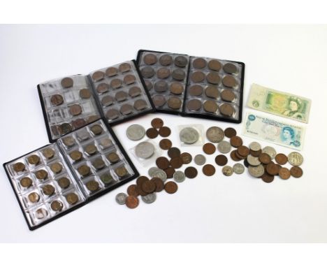 Vintage coins and three folders of antique pennies, folder of threepenny pieces and another of halfpennies.
