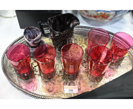 Plated tray, six cranberry glasses with ornate metal holders, purple heart glass marbled egg cup and hobnail purple milk glas