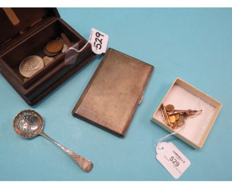 Two pairs of 9ct. gold cuff-links, 8.5 grams total, a 9ct. gold bar brooch, yellow metal insect brooch, engine-turned silver 
