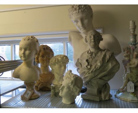 A simulated Carrara marble portrait bust, Hermes, on ebony socle plinth, 21in., and five other smaller, similar portrait bust