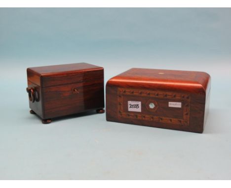 An early Victorian rosewood tea caddy, with twin enclosed canisters, ring handles, 10in., together with a Victorian walnut an