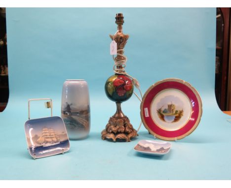 An electric table lamp, with Moorcroft Hibiscus stem, together with a Danish ovoid porcelain vase, two Royal Copenhagen squar