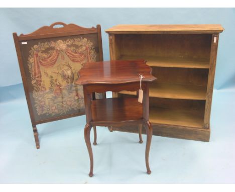A Victorian walnut two-tiered occasional table, serpentine shape, 1ft. 6in., together with a petit-point needlework firescree