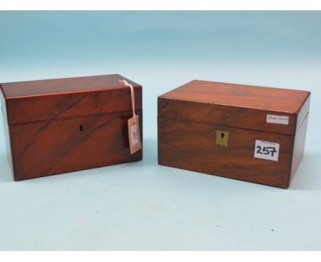 A Victorian walnut tea caddy, single enclosed canister and mixing division, 10in., and a Victorian walnut-veneered work box, 
