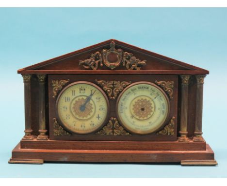 A Victorian oak clock-barometer, side-by-side enamel dials, architectural case with gilt-brass leaf-scroll mounts and Corinth