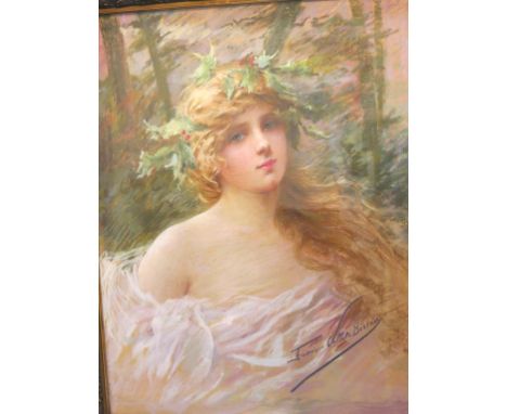 •Frederique Vallet-Bisson (1862-1949) - pastel portrait, young woman wearing holly crown, signed, 28 x 24in., Monte-Carlo sig