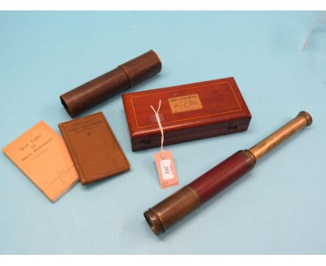 A Sikes' hydrometer, in original fitted mahogany case, and two related pocket guides, together with a brass telescope 