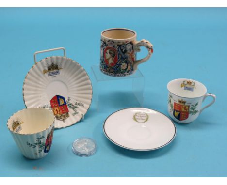 A royal commemorative mug, 1937, printed and enamelled with a Laura Knight design, 3.25in., and two royal commemorative cups 