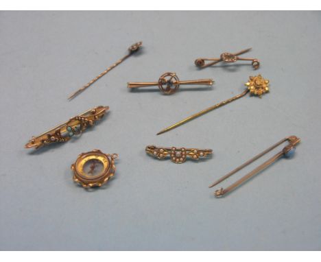 Three various 9ct. gold bar brooches, two other bar brooches, two stick-pins and a 9ct. gold compass pendant 