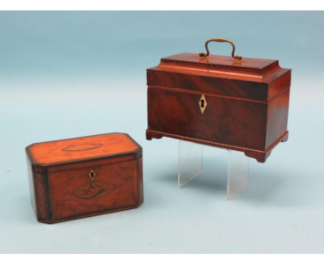 A George III mahogany tea caddy, with chequer inlay, 9.25in. and a George III inlaid satinwood tea caddy, 7.5in. - interior l