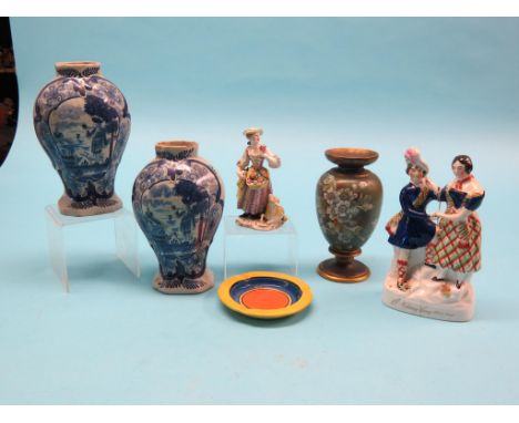 A Victorian Staffordshire figure group, Nanny Gang Wee Mee, together with a pair of Dutch Delft baluster vases, Doulton Faien