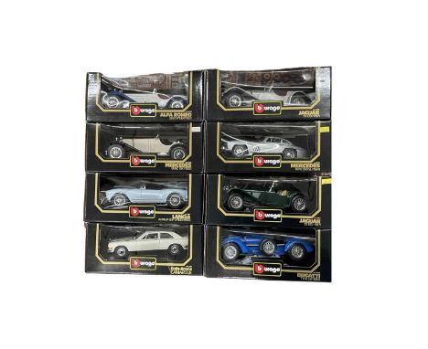 A collection of boxed 1/18 and 1/22 scale Bburago die-cast vehicles