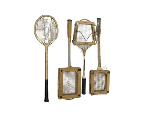 A mixed lot of 4 vintage rackets, to include: - Dunlop 'Blue Flash' in press - GR Adams and Co 'The Autocrat' in press - J&am