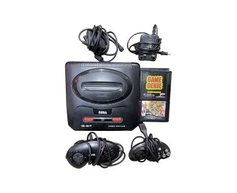 A 16-bit Sega Mega Drive, with accesories to include: - Original gamepad - Compatible gamepad - AV connector - Power supply  