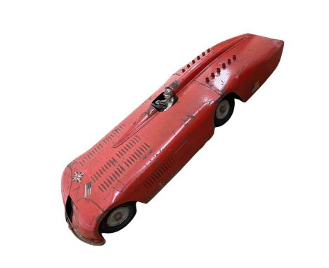 A large 1920s Kingsbury die-cast mechanical clockwork motor Sunbeam, with driver and original Dunlop Cord racing tyres