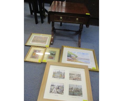 A reproduction mahogany small sofa table, together with mixed pictures and a signed print depicting West Sands 